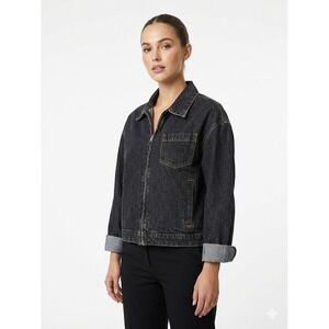 De Rococo Zip Up Denim Jacket Washed Cotton Workwear Black Size S